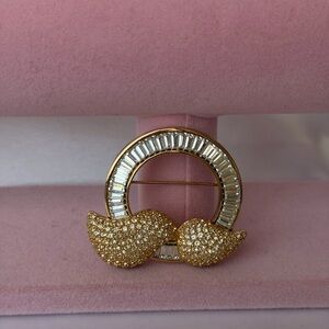 Vintage CHRISTIAN DIOR Large Gold Plate Pin Brooch Rhinestone Abstract Brooch 2"